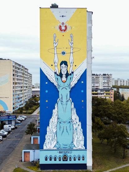 Mural by Andrzej Poprostu in Toruń (Poland) dedicated to Nicolaus Copernicus, a Polish astronomer, who formulated a model of the universe that placed the Sun rather than Earth at its center