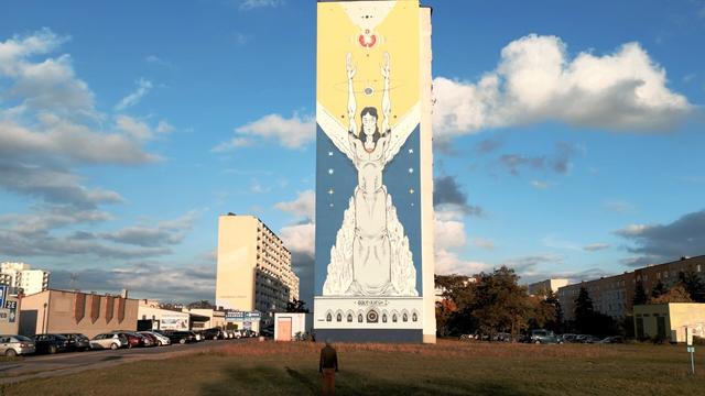 Mural by Andrzej Poprostu in Toruń (Poland) dedicated to Nicolaus Copernicus, a Polish astronomer, who formulated a model of the universe that placed the Sun rather than Earth at its center