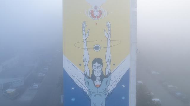 Mural by Andrzej Poprostu in Toruń (Poland) dedicated to Nicolaus Copernicus, a Polish astronomer, who formulated a model of the universe that placed the Sun rather than Earth at its center