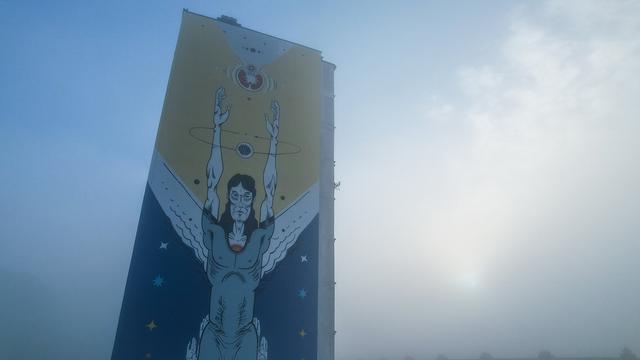 Mural by Andrzej Poprostu in Toruń (Poland) dedicated to Nicolaus Copernicus, a Polish astronomer, who formulated a model of the universe that placed the Sun rather than Earth at its center