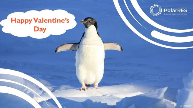 Valentine's Day visual with PolarRES logo and a penguin
