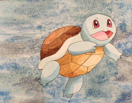 Watercolor drawing of a jumping and grinning Squirtle. The background is made from various supergranulating watercolors in blue and turquoise colors, giving an interesting structure.