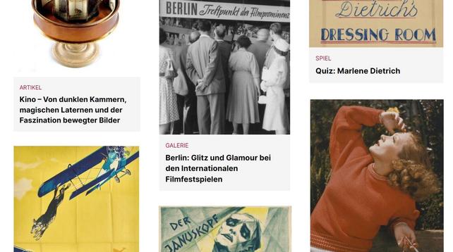 Screenshot Dossier mit Artikel "Kino", Galerie "Berlinale", Quiz "Marlene Dietrich" und Filmplakaten