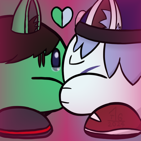 Two puffballs, both with cat ears, kissing and holding hands.
The one on the left is green with brown hair. His eyes are open and teary.
The one on the right is white with light blue hair and a dark blue beanie. Her eyes are closed.
Above them is a heart which is green on the left and light blue on the right.