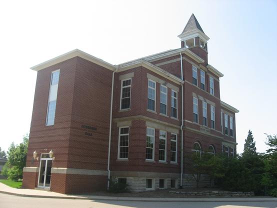 Founders Hall, Cedarville University: a three-story brick building with a steeple