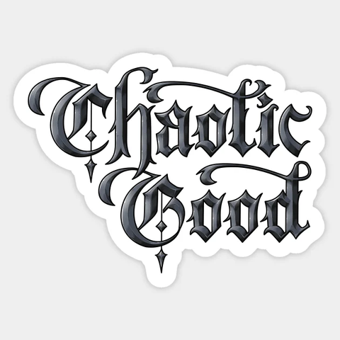 A shop image for the magnet version of my design: an ornate calligraphic lettering of "Chaotic Good" with flourishes, coloured with greys and white highlights to appear as if it is made from beveled metal.