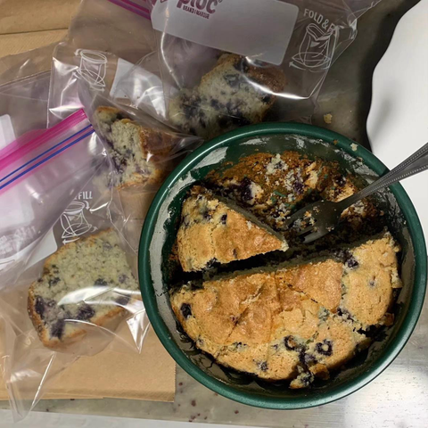 Some homemade muffins getting divided up to be individually served.