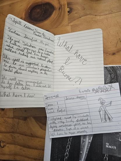 A small notebook with some cursive scrawled in it.

The left page is fairly densely packed, but the right page only says "What have I become?!" in large letters.

An index card sits on the notebook with a crude drawing of a mage dude.