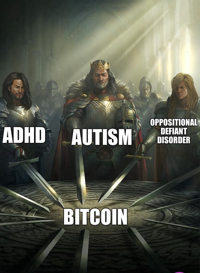 Armor clad men with swords stand in a circle with their swords pointed together on a table. They are labeled, ADHD, Autism, and Oppositional Defiant Disorder. On the table their swords point at the word "Bitcoin"