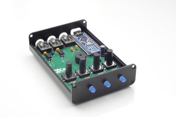 Nano-keyer in it's enclusore with the top off. The PCB board and it's components are shown.