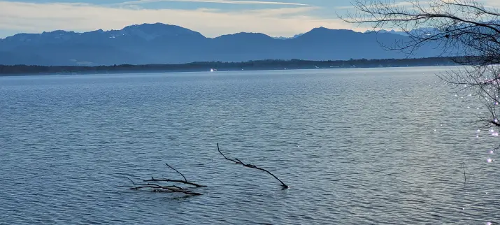 Bild zeigt Starnberger See und im Hintergrund die Alpen.