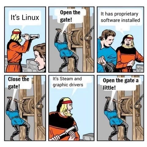 A comic strip:
A guy in red medieval clothes at the castle looking out using a telescope and saying: "It's Linux"
A guy in blue clothes is opening the the gate using a wooden mechanism and saying: "Open the gate!"
The red guy: "It has proprietary software installed"
The blue guy: "Close the gate"
The red guy: "It's Steam and graphics drivers"
The blue guy: "Open the gate a little"