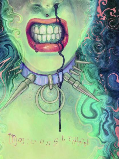 Slightly psychedelic digital drawing showing part of a woman’s face clinching her teeth, violet liquid out her nose, with a big fat shiny choker. The psychedelic effect is further enhanced trough subtle deepdream patterns