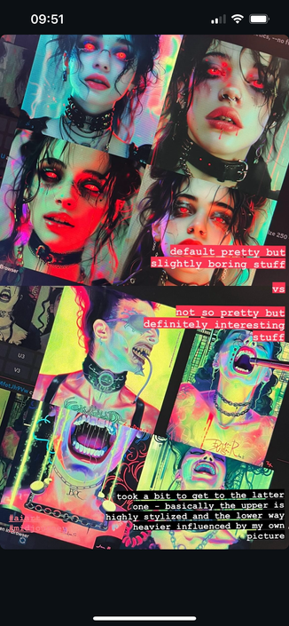 screenshot of two very different versions of a mid journey output based on the same image, the upper depicts four goth-like but default pretty girls the lower shows way more variety and closer resemblance to the original, including a lot of gasping mouths and teeth
