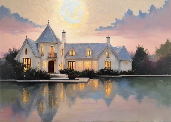 A stone house, windows aglow with warm light, reflected in the still water before it. Hazy afternoon light.
