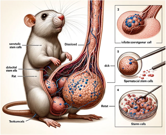 "Scientifc" drawing: internal anatomical view of a rat with one ginormous testicle and three smaller ones, attached to what appears to be a truly monstrous member extending upward into the aether. Three subpanels with dissection of testes. Labels are nonsense text: "senctolic stem cells", "testomcells", "iollottee sserotgomar cell", "spermatocial stem cells", etc.