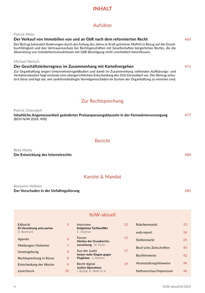Seite 1 des Inhaltsverzeichnisses der NJW 8/2024