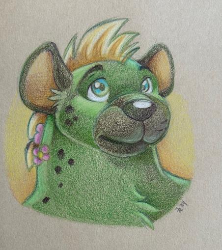 Colored pencil drawing of a green hyena with yellow accents, big eyes, a tuft of blonde hair, and a flower below its ear.