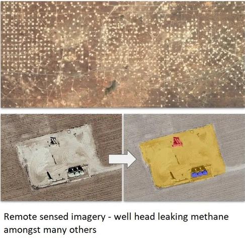 Remote sensed imagery - well head leaking methane amongst many others