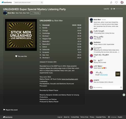 Screenshot of online listening party for Stick Men’s 2013 “Unleashed” album