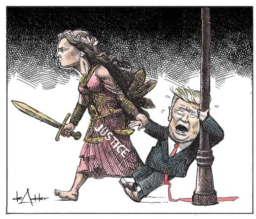 Lady Justice dragging a crying toddleresque Trump