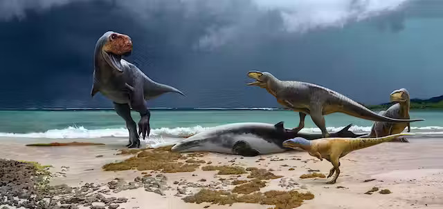 multiple carnivorous dinosaurs fighting over a dead marine reptile on a beach