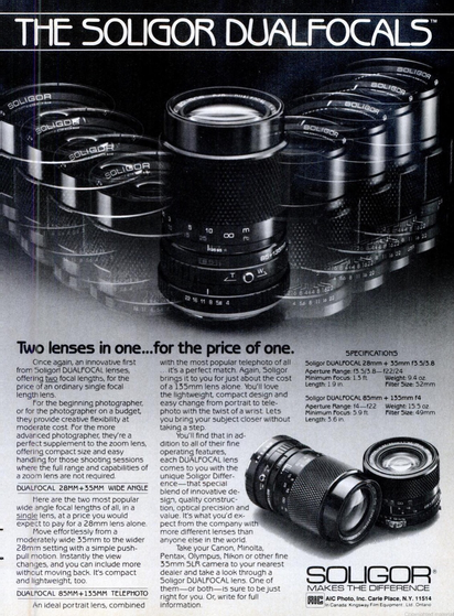Two lenses in one… for the price of one. Advertising for the 28+35mm and the 85+135mm dual focal lenses. Multicoated