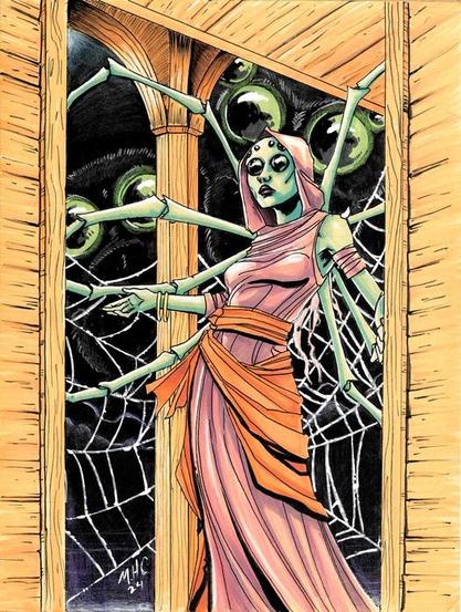 Illustration of a spidery woman beckoning you to enter her lair. large spider eyes and webs lurk in the dark background.