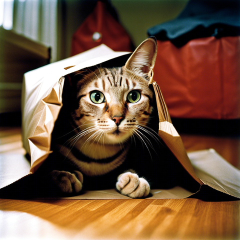 «Generated by StableDiffusionXL»
Prompt: (Photo of a cat hiding inside a paper bag to scare its owner) , A cat is inside a paper bag that has been casually thrown out in a dimly lit room.  Cats want to surprise their owners, who are likely to return home soon.  Although the cat is usually lazy and doesn't go on adventures, it wants to please its owner, (wide-shot), fine details, Negative: low quality, ugly, Aspect: square 1:1(1024:1024), Style: Analog Film, CFG_scale: 14, Sampler: k_dpmpp_2s_ancestral, Seed: 525582699