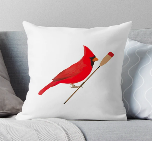 Our cardinal mascot is rowing, holding an oar.