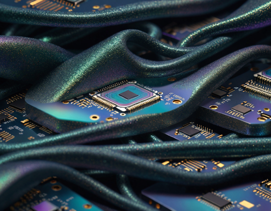 Circuit boards seamlessly merge with a fabric-like texture, exhibiting a metallic sheen in shades of teal and blue.