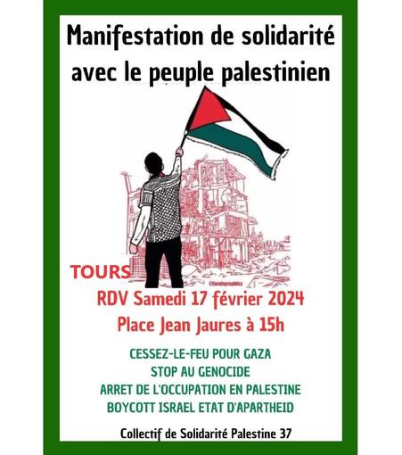Visuel web du collectif appelant à la manif encadré d'un liseré vert avec sur fonds blanc Manifestation de solidarité avec le peuple palestinien samedi 17 février 15h Pl. J. Jaurès