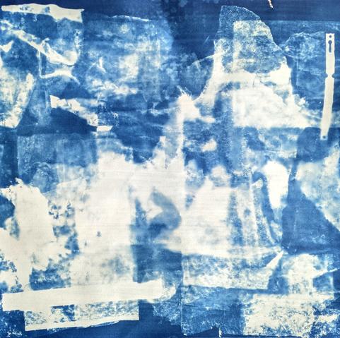 The cyanotype image resulting from the layers of plastic. It is an abstract, highly textured image in shades from a very deep indigo, through many blues to areas of pure white. Almost no identifiable original forms remain.