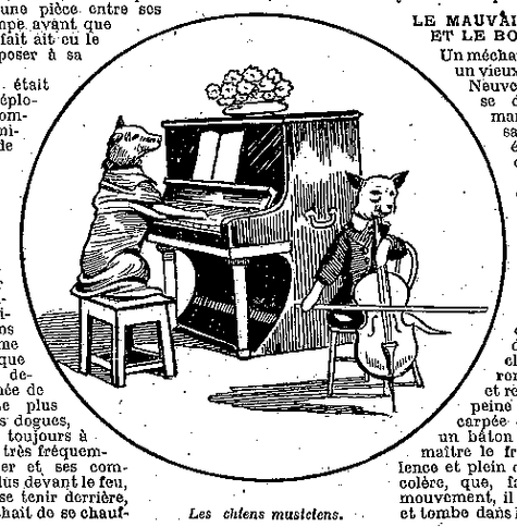 Dessin montrant un chien à un piano et un autre jouant du violoncelle.
Ce dessin est, bêtement, légendé "Les chiens musiciens"