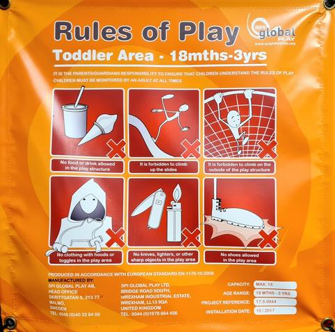 A Safety Rules sign for a toddler's play area. Number 5 says No knives, lighters or other sharp objects in the play area.