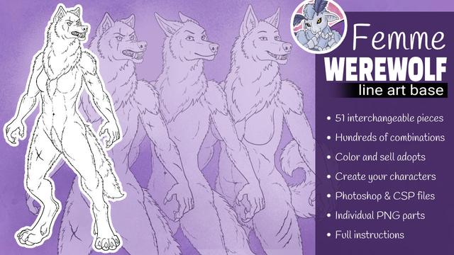 A teaser for a feminine werewolf line art base with several variations of drawings of a female werewolf and the text "51 interchangeable pieces, hundreds of combinations, color and sell adopts, create your characters, Photoshop & CSP files, individual PNG parts, full instructions"