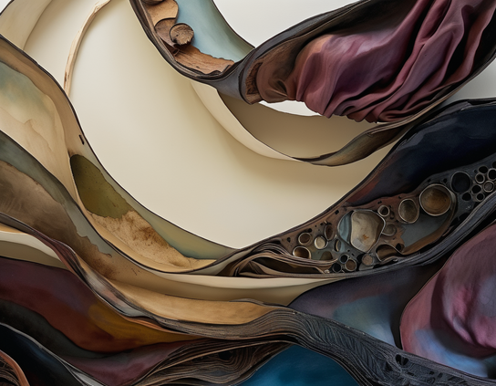 Abstract composition with swirling shapes, dynamic textures in earth tones, and organic patterns suggesting fluid movement.