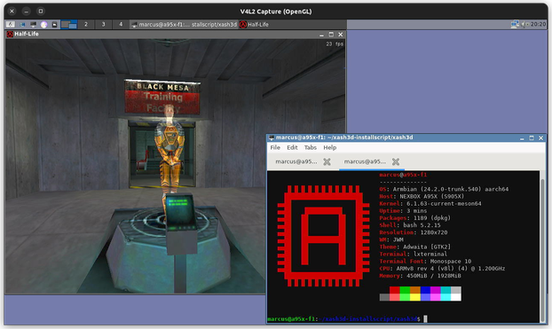 screenshot showing half-life (xash3d-fwgs) running an on android tvbox with arm amlogic s905 processor, terminal with neofetch in foreground right down corner. armbian 24.2 with kernel 6.1.63