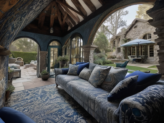 Elegant pavilion interior with indoor-outdoor decor, plush sofas, tapestry patterns, stone architecture, and wooden beams.