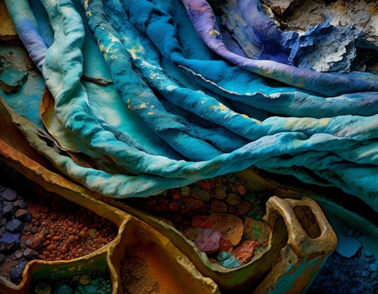 Textured layers with vibrant colors and organic patterns, with color-sorted piles of chips and dust of processed natural mineral pigments.