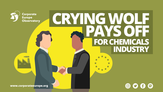 Two men shaking hands without faces, the one on the left had a symbol of a fatory, the one on the left the symbol of the EU and the words: Crying wolf pays off for chemicals industry