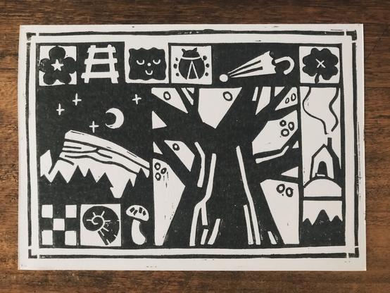 Postcard-sized linocut print in dark green on white paper, featuring small pictures on an irregular grid: a blooming tree, a cliff at night, mushrooms, plants & fossils, a house with a smoking chimney and an umbrella. Pictures are drawn in a simple, clean art style kind of reminiscent of icons.