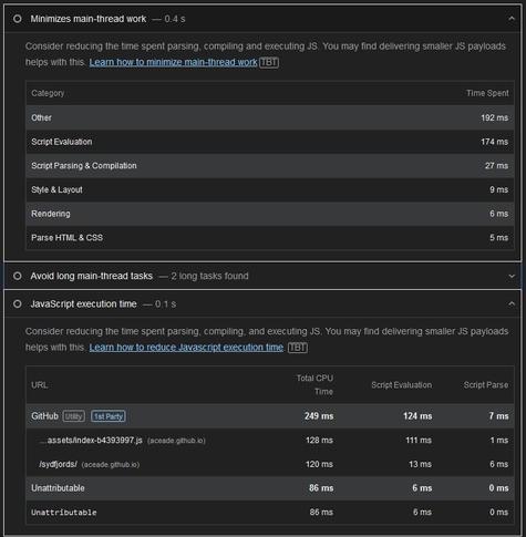 A screenshot from a Lighthouse report showing the "Minimise main-thread work" and "Reduce JavaScript execution time" adding up to 0.4 seconds and 0.1 seconds.

These are times you'd barely notice - practically instant, meaning the page has fully loaded almost instantly.
