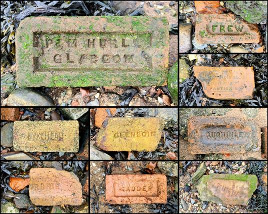 A collage showing nine bricks of different styles and colours made by different manufacturers based in and around Glasgow. Each also bears a manufacturer's stamp to allow the brickwork which made it to be identified. These often consist of place names like Airdrie, Auchenlea and Cadder.