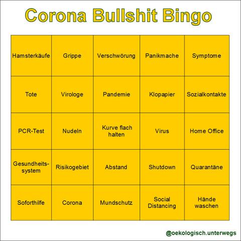 Das Bild zeigt ein gelbes Bingo-Spielbrett mit dem Titel "Corona Bullshit Bingo". In den Feldern stehen verschiedene Begriffe, die offenbar mit der Corona-Pandemie verbunden sind, darunter "Hamsterkäufe", "Grippe", "Verschwörung", "Symptome", "Tote" und "Pandemie". Weitere Begriffe umfassen "PCR-Test", "Nudeln", "Klopapier", "Virus", "Home Office" und "Sozialkontakte".