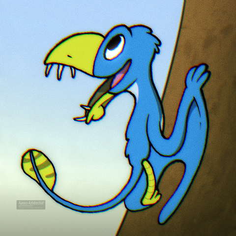 A blue Caelestiventus clings to the side of a tree, facing outward to the left