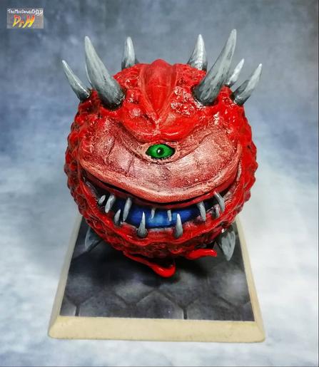 High angle photo of the front of the Cacodemon sculpture.