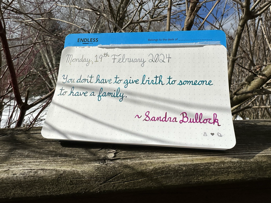 A pen quote of Sandra Bullock that reads, “You don’t have to give birth to someone to have a family.”  Written in Wearingeul I am a Cat, Jacques Herbin Emerauld de Chivor and Pilot Iroshizuku Yama-Budo.