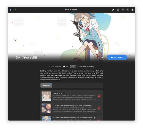 A screenshot of Delfin open to the details page for Do It Yourself.

Each episode has an eyeball button now that lets you mark an episode as watched or not watched.