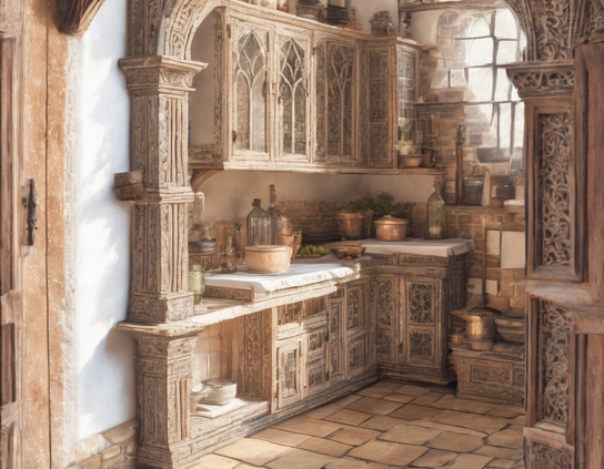 Cheerful sunlit stone-floored antique pantry, with ornate woodwork, carved details, and glass and copper containers.
